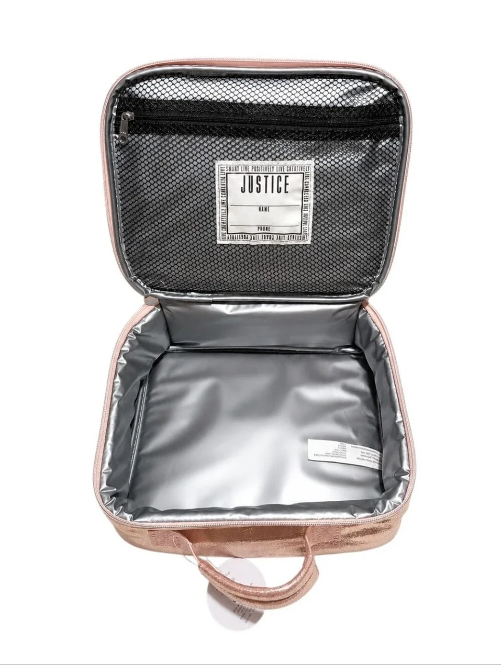 Justice Girls Pink Rose Gold Metallic Shine Lunch Box Tote Bag NEW WITH TAGS